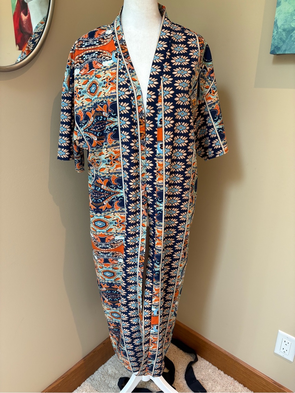 Vintage Navy Blue and Orange Floral Kimono Robe